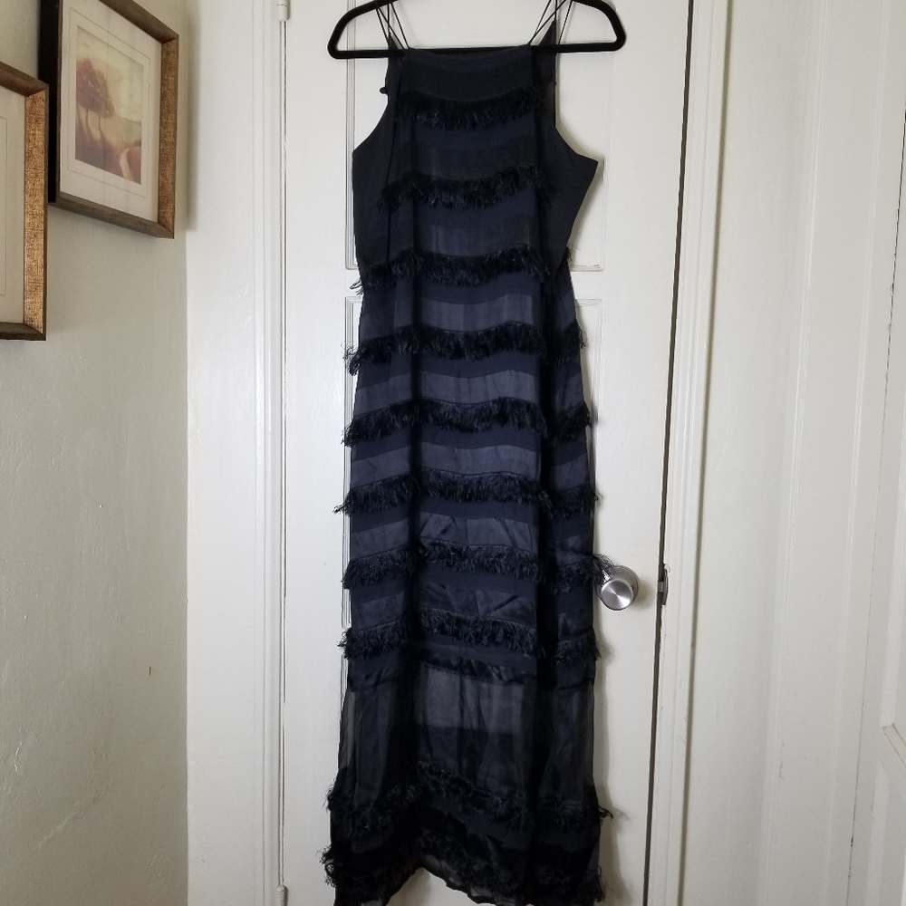 HUNTER BELL black overlay fuzzy stripe sleeveless spaghetti strap maxi dress - Picture 1 of 10